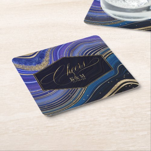 Abstract Agate Wedding Cheers V1 Midnight ID827 Square Paper Coaster