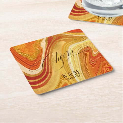 Abstract Agate Wedding Cheers V2 Hot Orange ID827 Square Paper Coaster