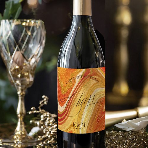 Abstract Agate Wedding Cheers V2 Hot Orange ID827 Wine Label