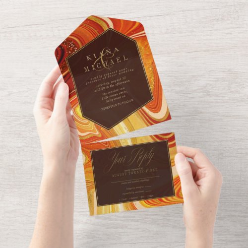 Abstract Agate Wedding Hot Orange ID827 All In One Invitation