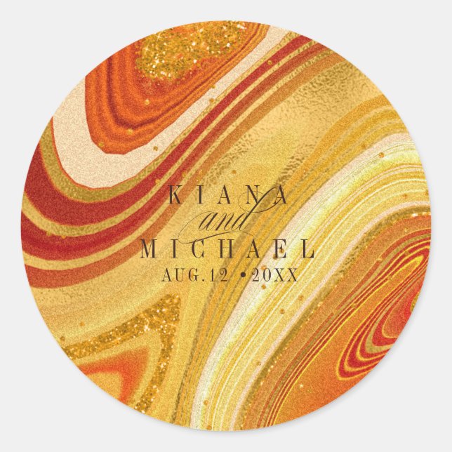 Abstract Agate Wedding Hot Orange ID827 Classic Round Sticker (Front)