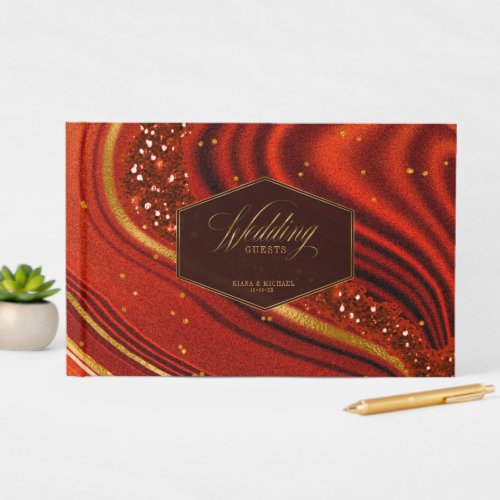 Abstract Agate Wedding Hot Orange ID827 Guest Book