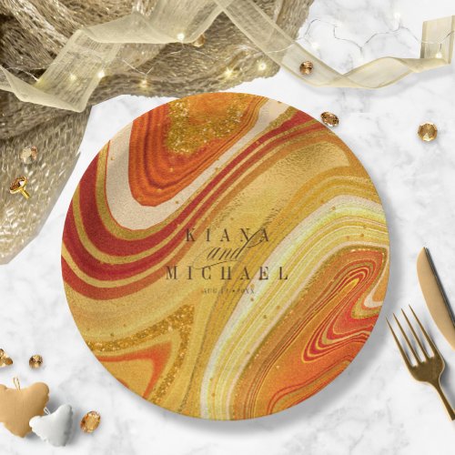 Abstract Agate Wedding Hot Orange ID827 Paper Plates