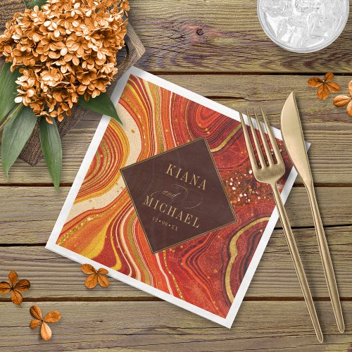 Abstract Agate Wedding Hot Orange v2 ID827 Paper Dinner Napkins