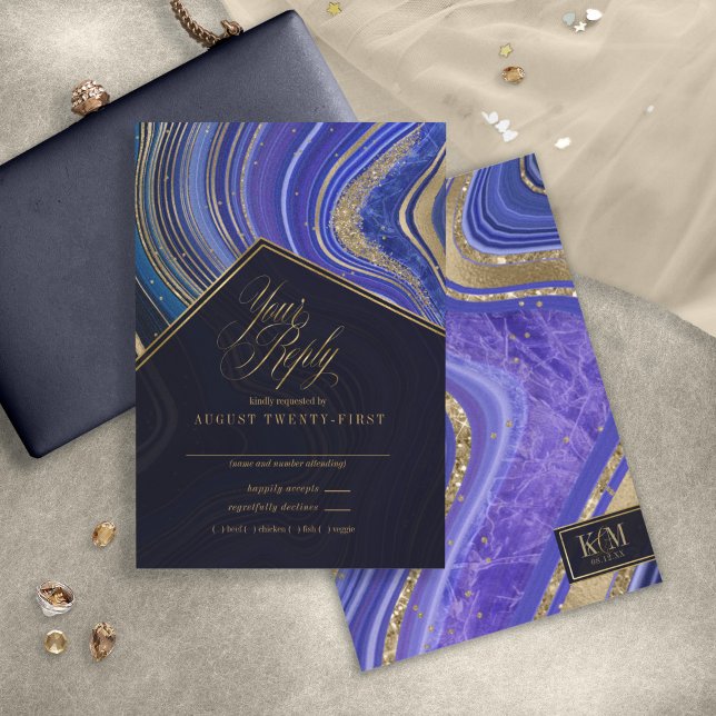Abstract Agate Wedding Midnight ID827 RSVP Card (Creator Uploaded)