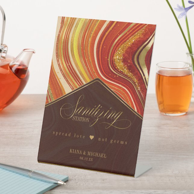 Abstract Agate Wedding Sanitizing Hot Orange ID827 Pedestal Sign (In SItu)