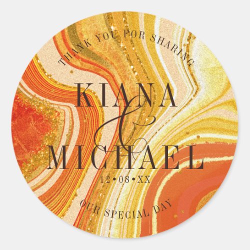 Abstract Agate Wedding Thank You Hot Orange ID827  Classic Round Sticker