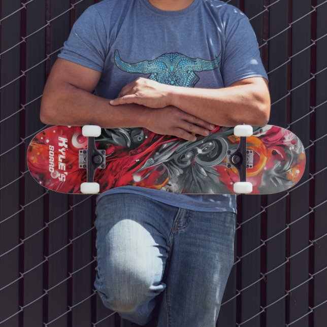Abstract airbrush street art in reds and grays skateboard (Outdoor 3)