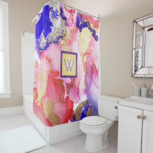 Abstract Alcohol Art Purple Gold Monogram Shower Curtain