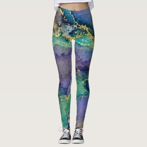 Abstract Alcohol Ink Art Blue Green Purple  Gold Leggings