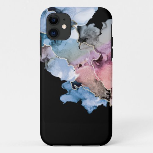 Abstract alcohol ink ART blue pink gold Black iPhone 11 Case