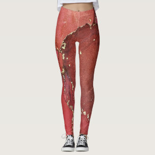 Abstract Alcohol Ink Art Bright Red and Gold Leggings