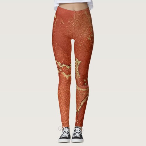 Abstract Alcohol Ink Art Bright Red and Gold Leggings