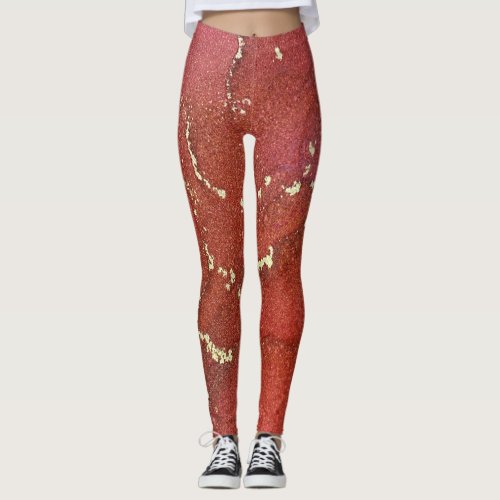 Abstract Alcohol Ink Art Bright Red and Gold Leggings