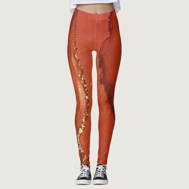 Abstract Alcohol Ink Art Bright Red and Gold Leggings (Front)