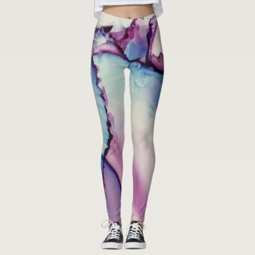 Abstract Alcohol Ink Art Pink Purple Blue White Leggings