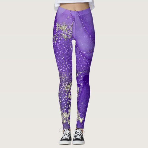 Abstract Alcohol Ink Art Purple and Organic Silver Leggings