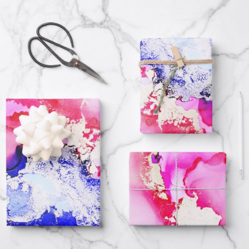 Abstract Alcohol Ink Art Red Blue Pink Purple Gold Wrapping Paper Sheets