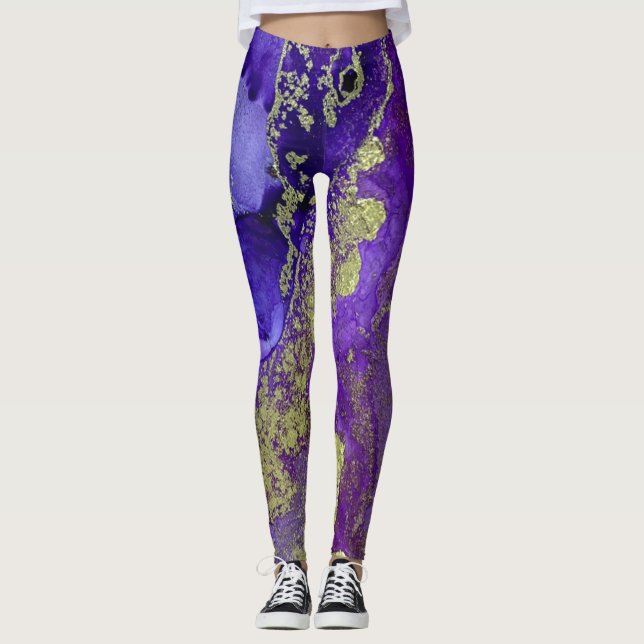 Abstract Alcohol Ink Art Rich Purples with Gold Leggings (Front)