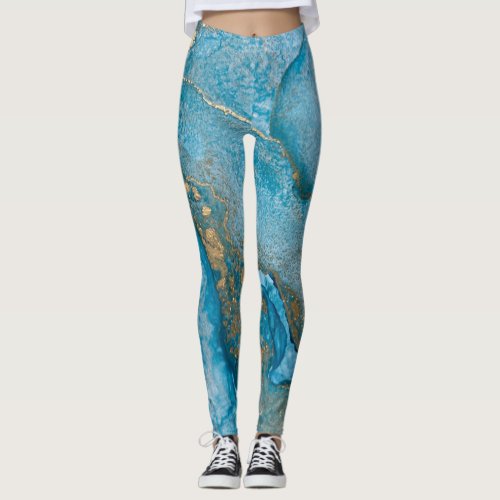 Abstract Alcohol Ink Art Rich Teal  Gold Leggings