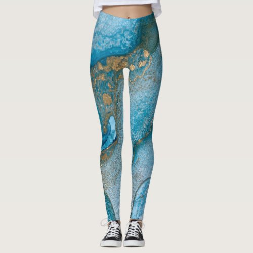 Abstract Alcohol Ink Art Rich Teal  Gold Leggings