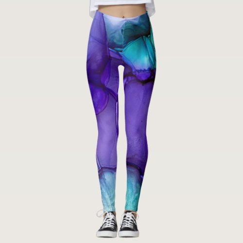 Abstract Alcohol Ink Art Rich Teal  Purple Leggings