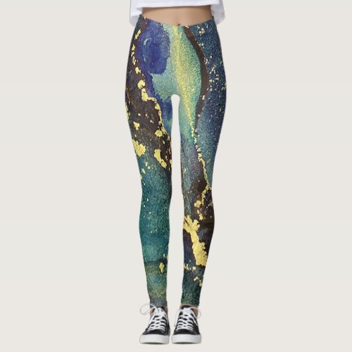 Abstract Alcohol Ink Art Teal Purple Blue Gold Leggings