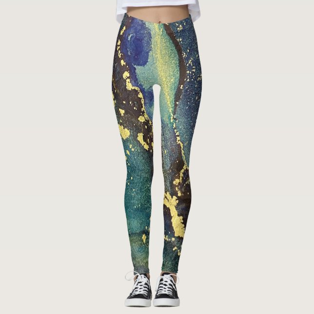 Abstract Alcohol Ink Art Teal Purple Blue Gold Leggings (Front)