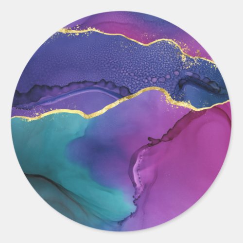 Abstract alcohol ink design purple pink teal classic round sticker