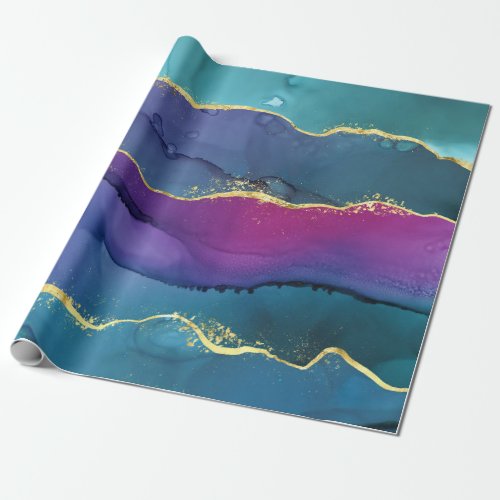 Abstract alcohol ink design purple pink teal wrapping paper