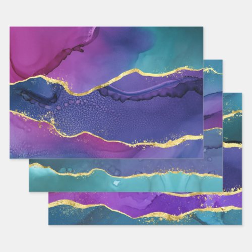 Abstract alcohol ink design purple pink teal wrapping paper sheets