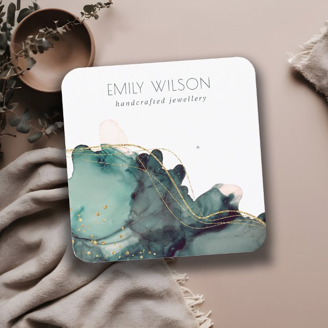 Abstract Alcohol Ink Gold Green Earring Display Square Business Card (Creator Uploaded)