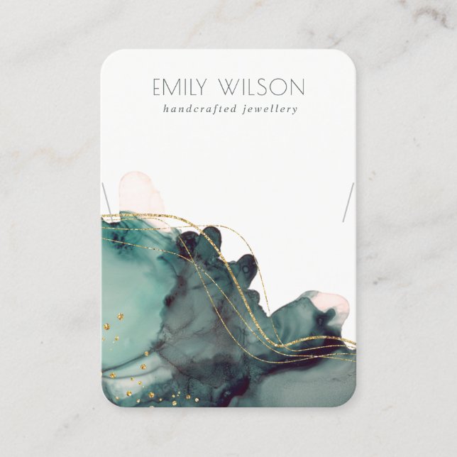 Abstract Alcohol Ink Gold Green Necklace Display Business Card (Front)