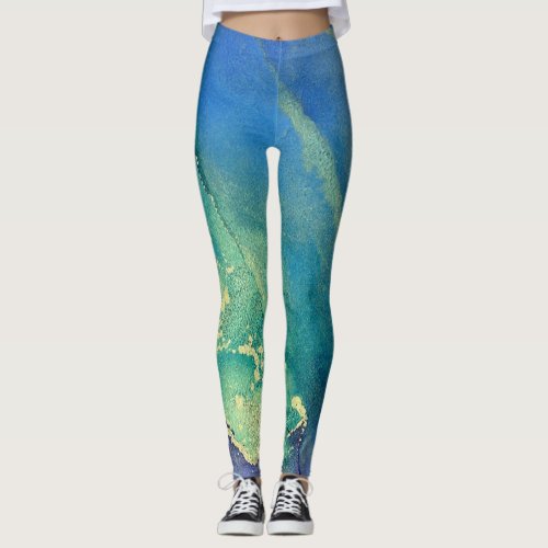 Abstract Alcohol Ink Green Purple Blue  Gold Leggings