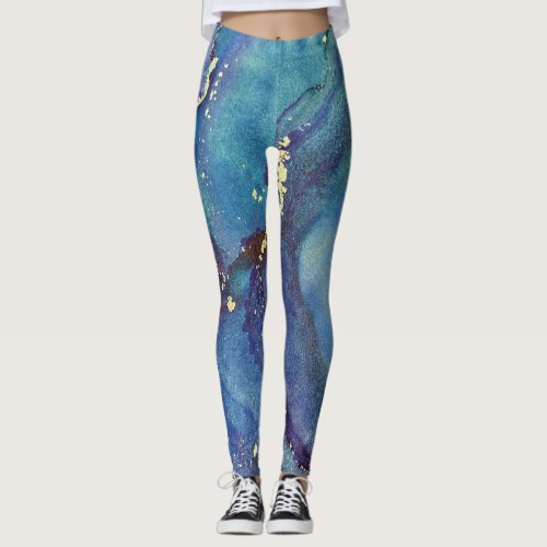 Abstract Alcohol Ink Green Purple Blue  Gold Leggings