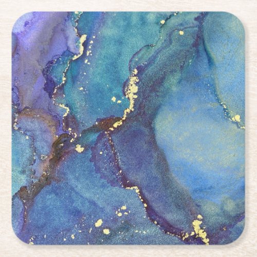 Abstract Alcohol Ink Green Purple Blue  Gold Square Paper Coaster