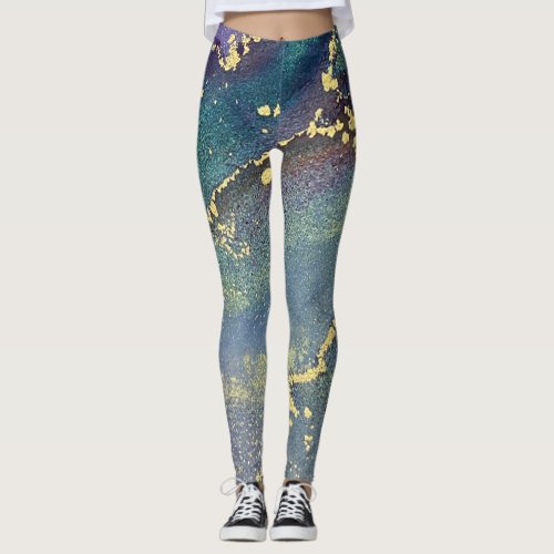 Abstract Alcohol Ink Liquid Art Teal  Gold Leggings