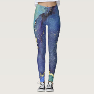 Abstract Alcohol Ink Rich Blue Gold Aqua Leggings