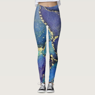Abstract Alcohol Ink Rich Blue Gold Aqua Leggings