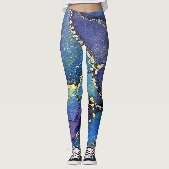 Abstract Alcohol Ink Rich Blue Gold Aqua Leggings (Front)