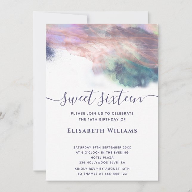 Abstract alcohol ink rose gold modern script invitation (Front)