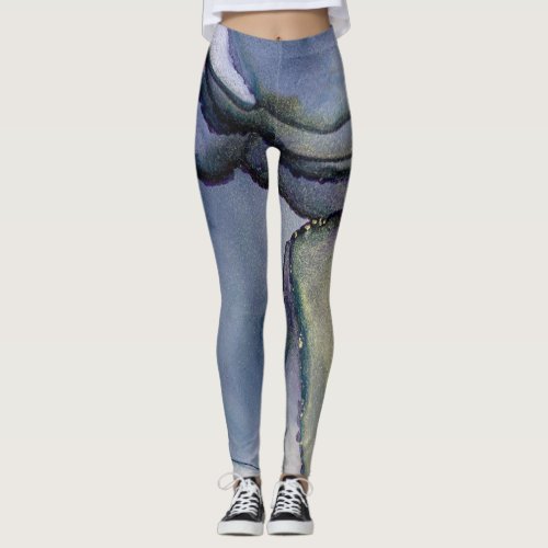 Abstract Alcohol Ink Shimmery Blue  Gold Leggings