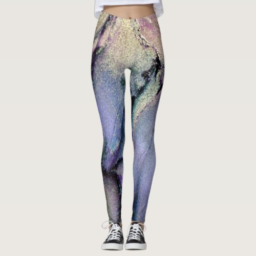 Abstract Alcohol Ink Shimmery Purple and Gold Leggings