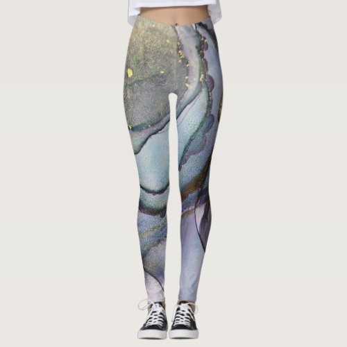 Abstract Alcohol Ink Shimmery Purple Teal Gold Leggings