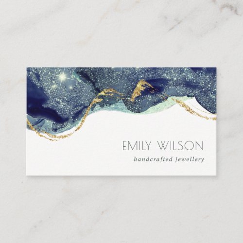 Abstract Alcohol Ink Silver Navy Blue Glitter Business Card