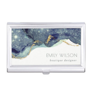 Abstract Alcohol Ink Silver Navy Blue Glitter Business Card Case