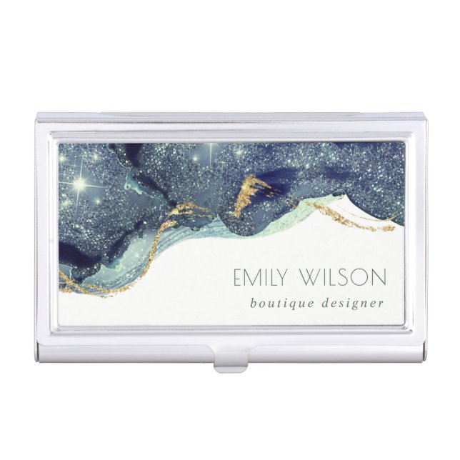 Abstract Alcohol Ink Silver Navy Blue Glitter Business Card Case (Front)