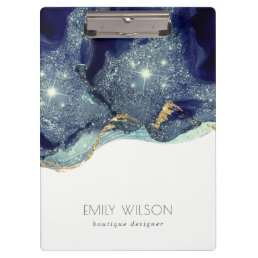 Abstract Alcohol Ink Silver Navy Blue Glitter Clipboard