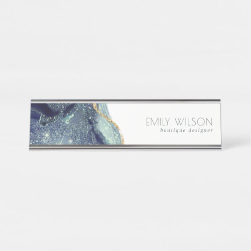 Abstract Alcohol Ink Silver Navy Blue Glitter Desk Name Plate