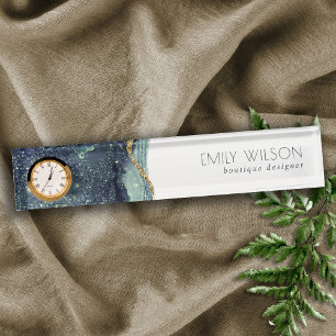 Abstract Alcohol Ink Silver Navy Blue Glitter Desk Name Plate
